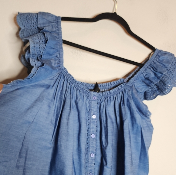 NWT Jessica Simpson Stretch Chambray Eyelet Ruffle Sleeve Violetta Top Size XL - Picture 9 of 16